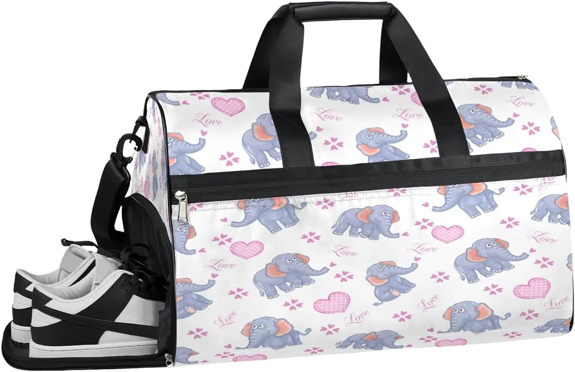 Cartoon Elephant Love Resistant Sports Gym Bag for Women Men Travel Duffel bag with Wet Pocket & Shoes Compartment Waterproof Weekender Bag 19.7"x9.9"x13"