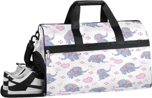 Cartoon Elephant Love Resistant Sports Gym Bag for Women Men Travel Duffel bag with Wet Pocket & Shoes Compartment Waterproof Weekender Bag 19.7"x9.9"x13"