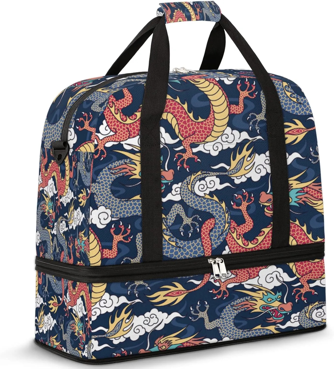 Chinese Dragon Foldable Travel Duffel Bag Tote Carry On Luggage Sport Duffle for Women Men Gym Bag Overnight Weekender Bags with Shoe Compartments & Shoulder Strap