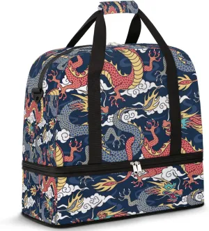 Chinese Dragon Foldable Travel Duffel Bag Tote Carry On Luggage Sport Duffle for Women Men Gym Bag Overnight Weekender Bags with Shoe Compartments & Shoulder Strap