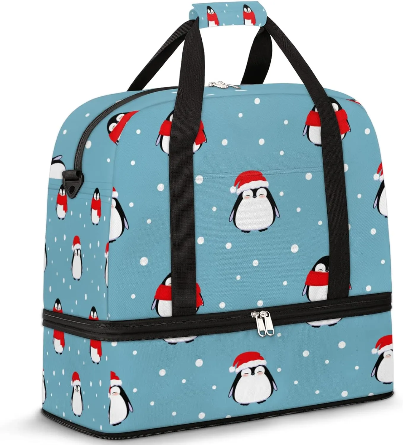 Christmas Penguin Polka Dot Pattern Foldable Travel Duffel Bag Tote Carry on Luggage Sport Duffle for Women Men Gym Bag Overnight Weekender Bags with Shoe Compartments and Shoulder Strap