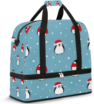 Christmas Penguin Polka Dot Pattern Foldable Travel Duffel Bag Tote Carry on Luggage Sport Duffle for Women Men Gym Bag Overnight Weekender Bags with Shoe Compartments and Shoulder Strap