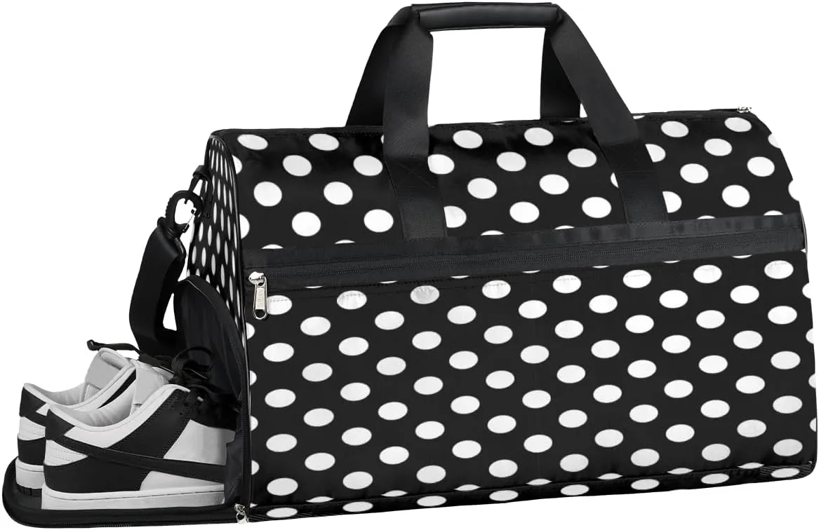 Classic Polka Dot Gym Bag for Men Women Fitness Workout Sports Duffle Bag with Shoes Compartment Black White Water Resistant Overnight Weekender Duffel Bag