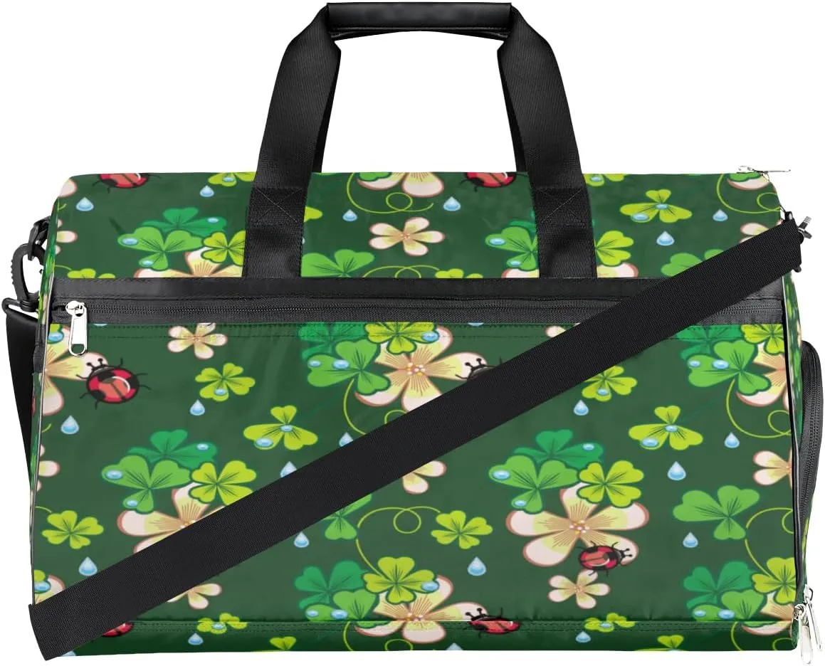 Clover Ladybug Sports Gym Bag for Women Men Travel Duffel Bag with Wet Pocket & Shoes Compartment Waterproof Weekender Overnight Tote Carry on Bag Lightweight