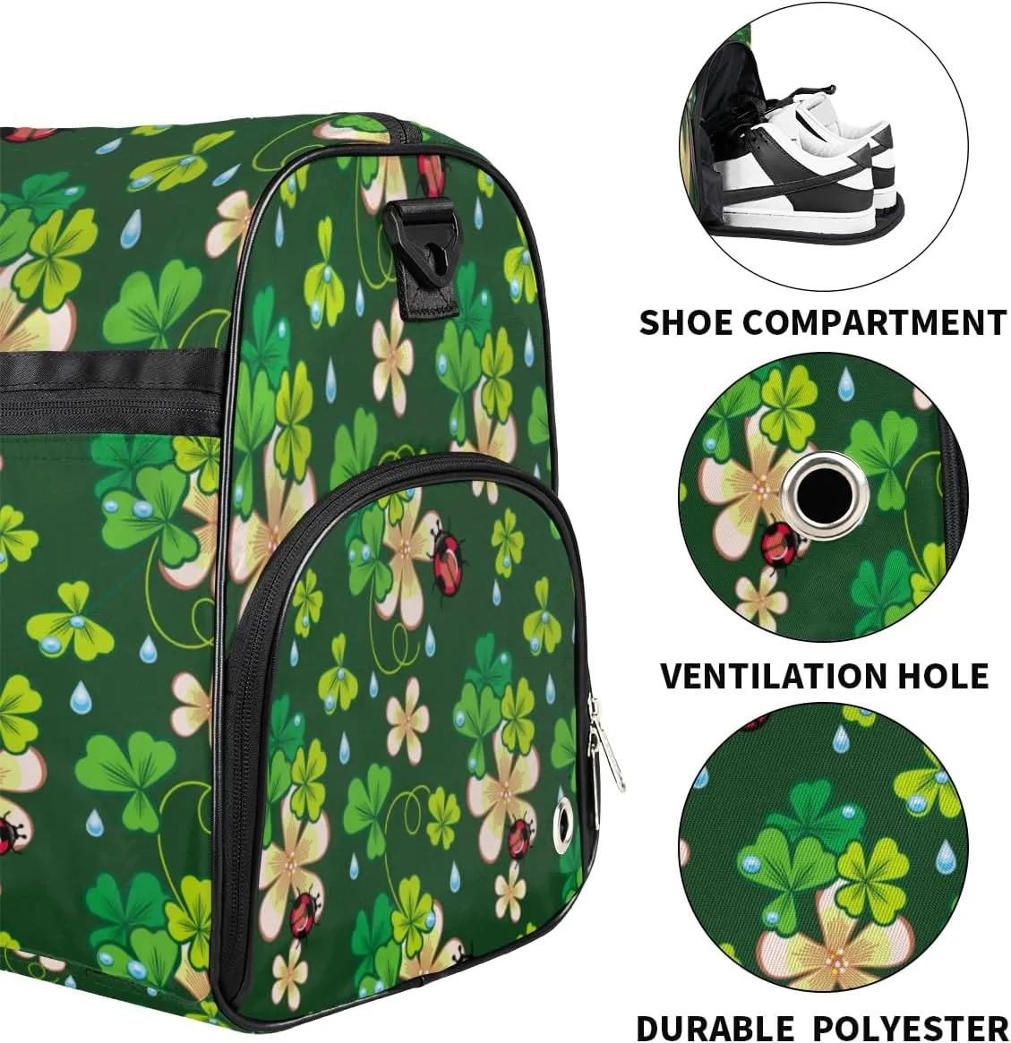 Clover Ladybug Sports Gym Bag for Women Men Travel Duffel Bag with Wet Pocket & Shoes Compartment Waterproof Weekender Overnight Tote Carry on Bag Lightweight