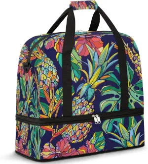 Colorful Pineapple Tropical Leave Flower Foldable Travel Duffel Bag Tote Carry on Luggage Sport Duffle for Women Men Gym Bag Overnight Weekender Bags with Shoe Compartments and Shoulder Strap