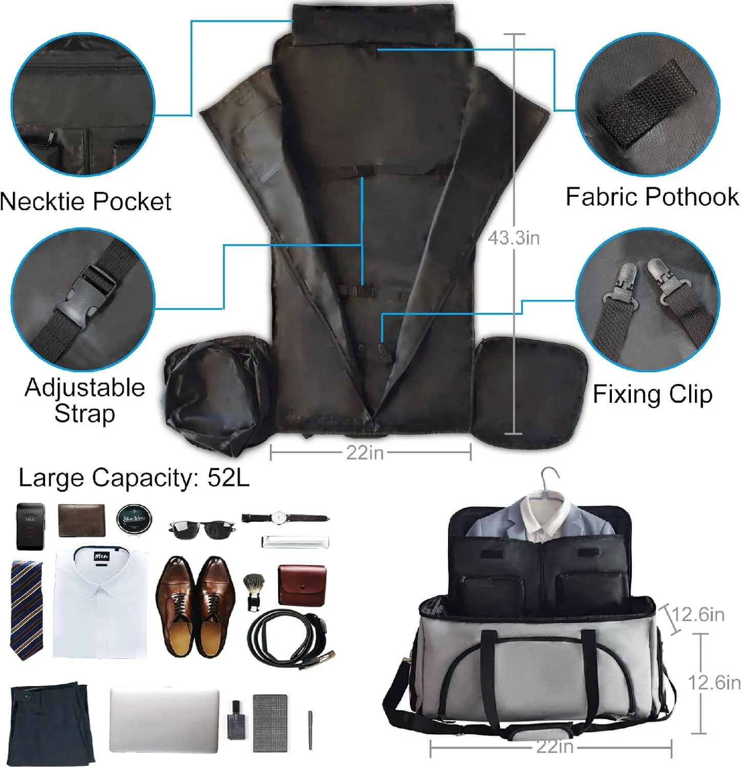 Convertible Duffle Garment Bag, 4 in 1 Garment Bag with Shoulder Strap, Garment Duffle Bags for Travel, Carry on Garment Duffel Bag for Men, Foldable Duffel Suit Bag for Business, Light Grey