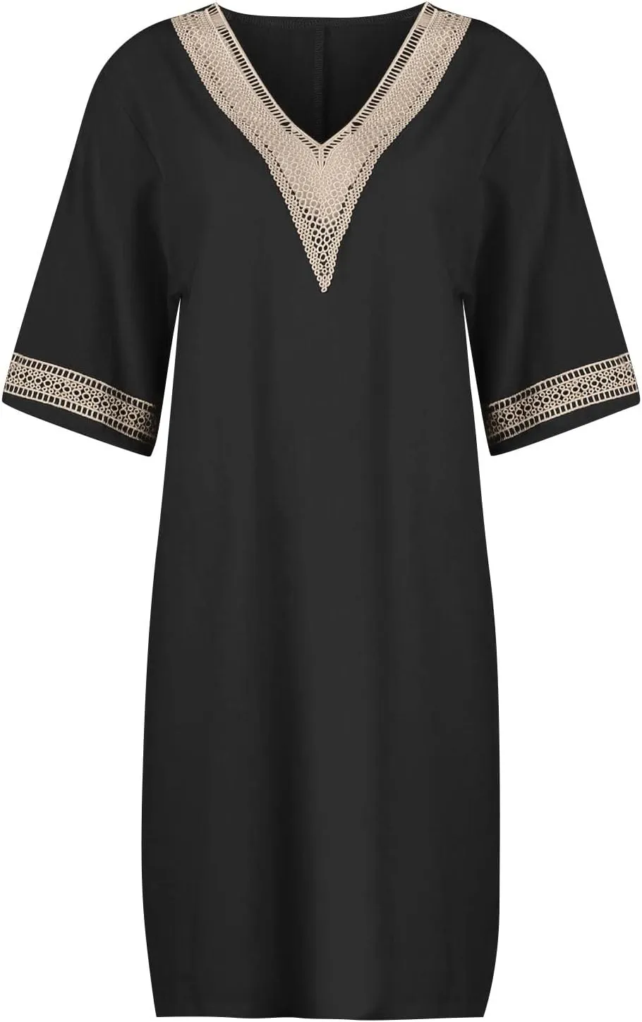 Cotton Linen Dresses for Women,2024 Summer Elegant Trendy V Neck 3/4 Sleeve Midi Dress,Casual Plain Beach Dress