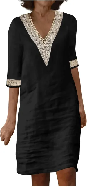 Cotton Linen Dresses for Women,2024 Summer Elegant Trendy V Neck 3/4 Sleeve Midi Dress,Casual Plain Beach Dress