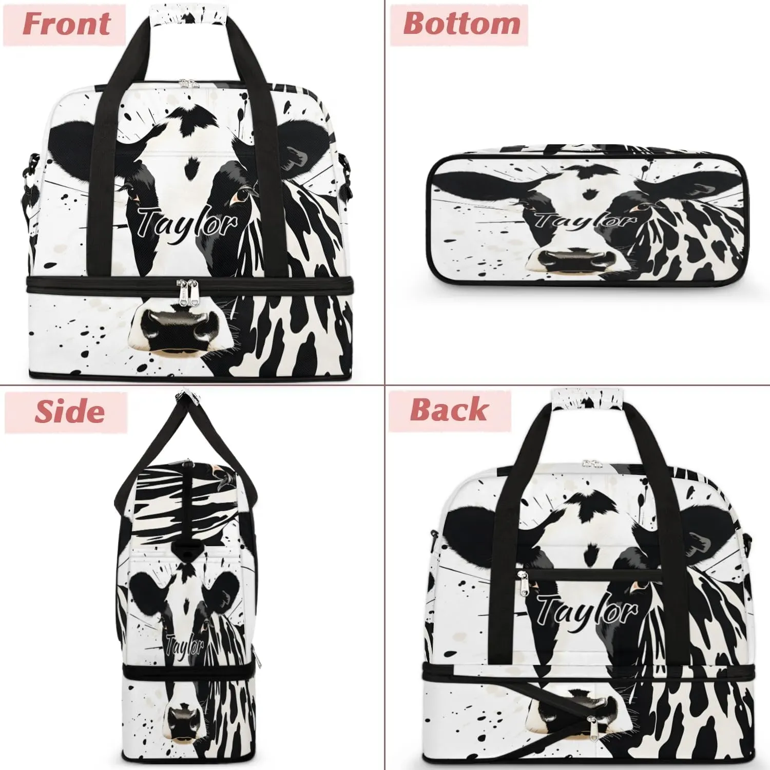 Customized Gym Bag for Women, Personalized Cow Pattern Travel Duffel Bag with Name, Animal Weekender Overnight Bag with Shoes Compartment for Men Travel Yoga