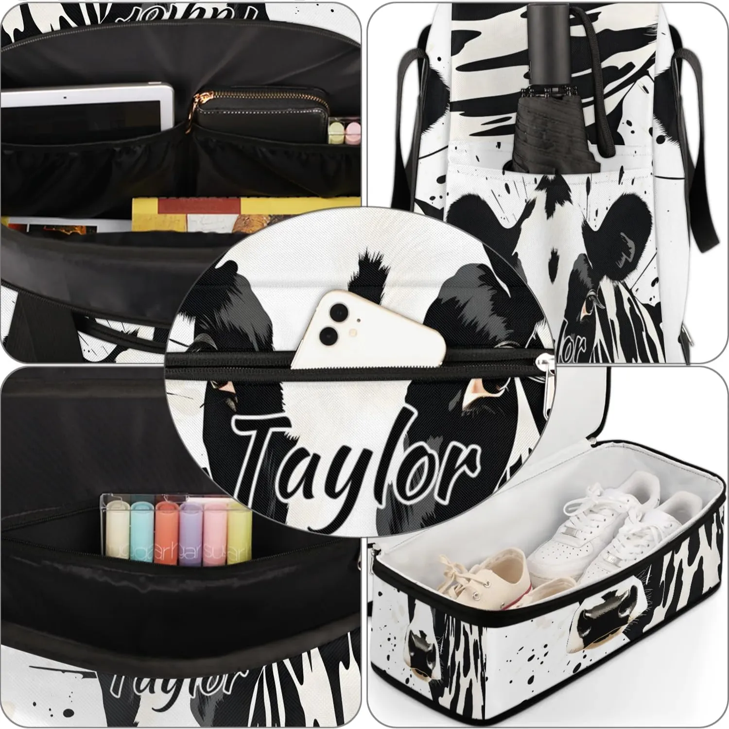 Customized Gym Bag for Women, Personalized Cow Pattern Travel Duffel Bag with Name, Animal Weekender Overnight Bag with Shoes Compartment for Men Travel Yoga