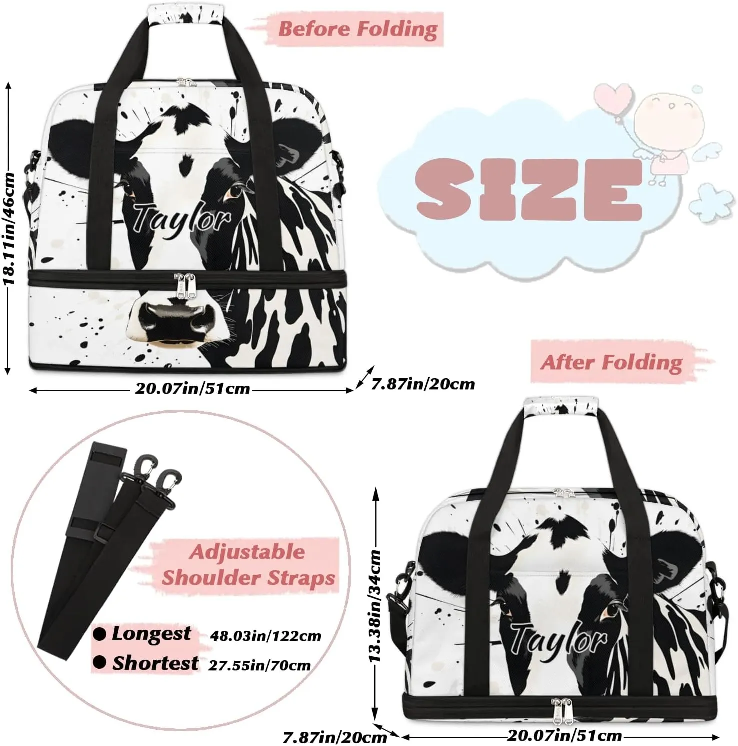 Customized Gym Bag for Women, Personalized Cow Pattern Travel Duffel Bag with Name, Animal Weekender Overnight Bag with Shoes Compartment for Men Travel Yoga