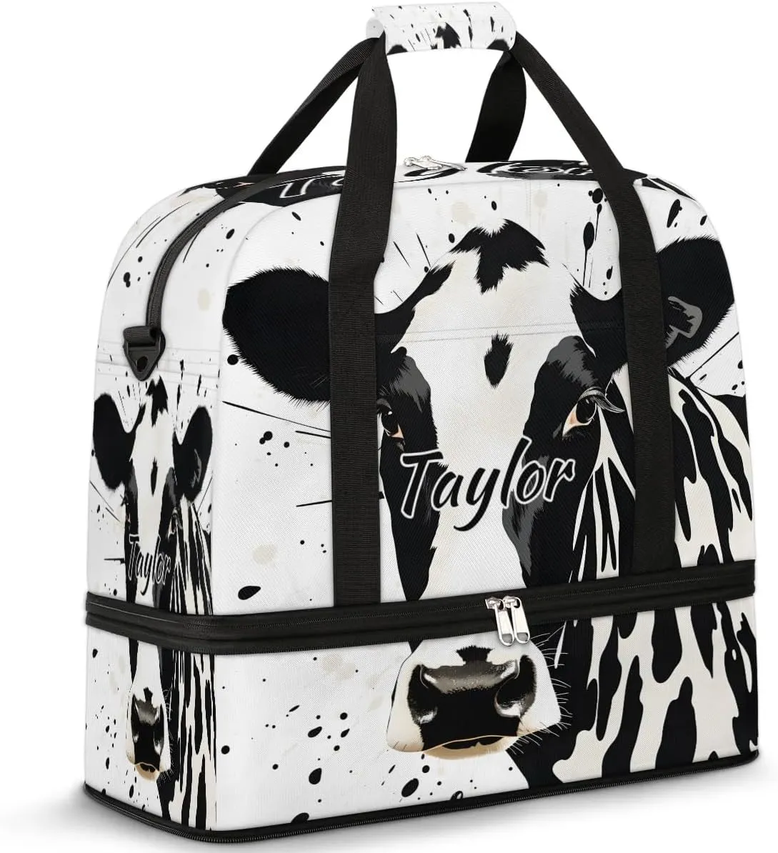 Customized Gym Bag for Women, Personalized Cow Pattern Travel Duffel Bag with Name, Animal Weekender Overnight Bag with Shoes Compartment for Men Travel Yoga