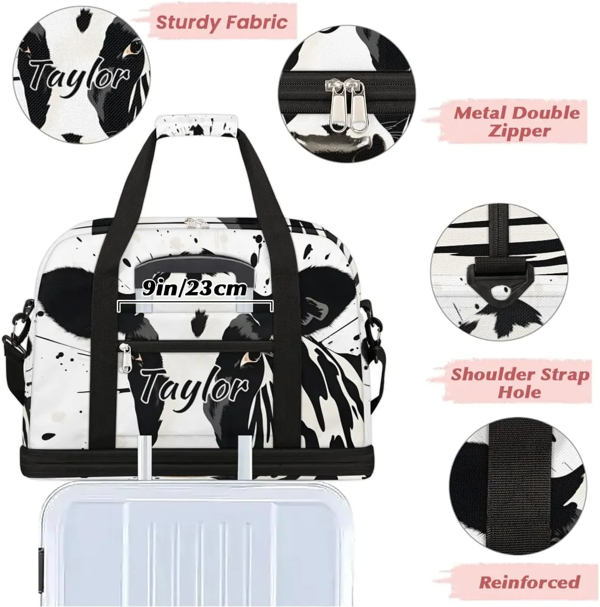 Customized Gym Bag for Women, Personalized Cow Pattern Travel Duffel Bag with Name, Animal Weekender Overnight Bag with Shoes Compartment for Men Travel Yoga