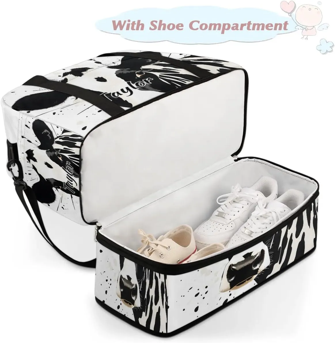 Customized Gym Bag for Women, Personalized Cow Pattern Travel Duffel Bag with Name, Animal Weekender Overnight Bag with Shoes Compartment for Men Travel Yoga