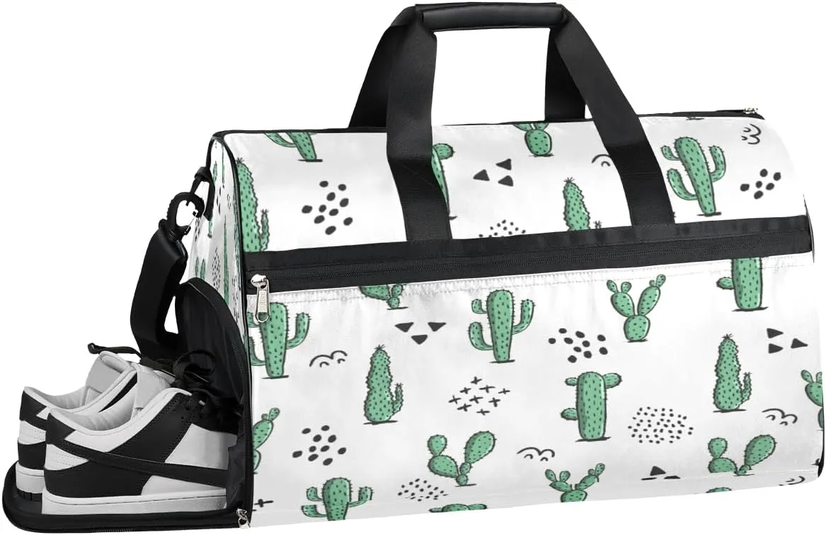 Cute Cactus Themes Resistant Sports Gym Bag for Women Men Travel Duffel bag with Wet Pocket & Shoes Compartment Waterproof Weekender Bag 19.7"x9.9"x13"