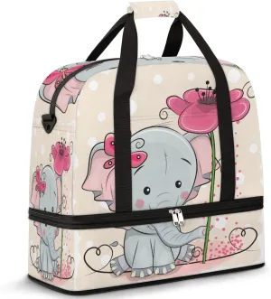Cute Elephant Flower Foldable Travel Duffel Bag Tote Carry On Luggage Sport Duffle for Women Men Gym Bag Overnight Weekender Bags with Shoe Compartments & Shoulder Strap