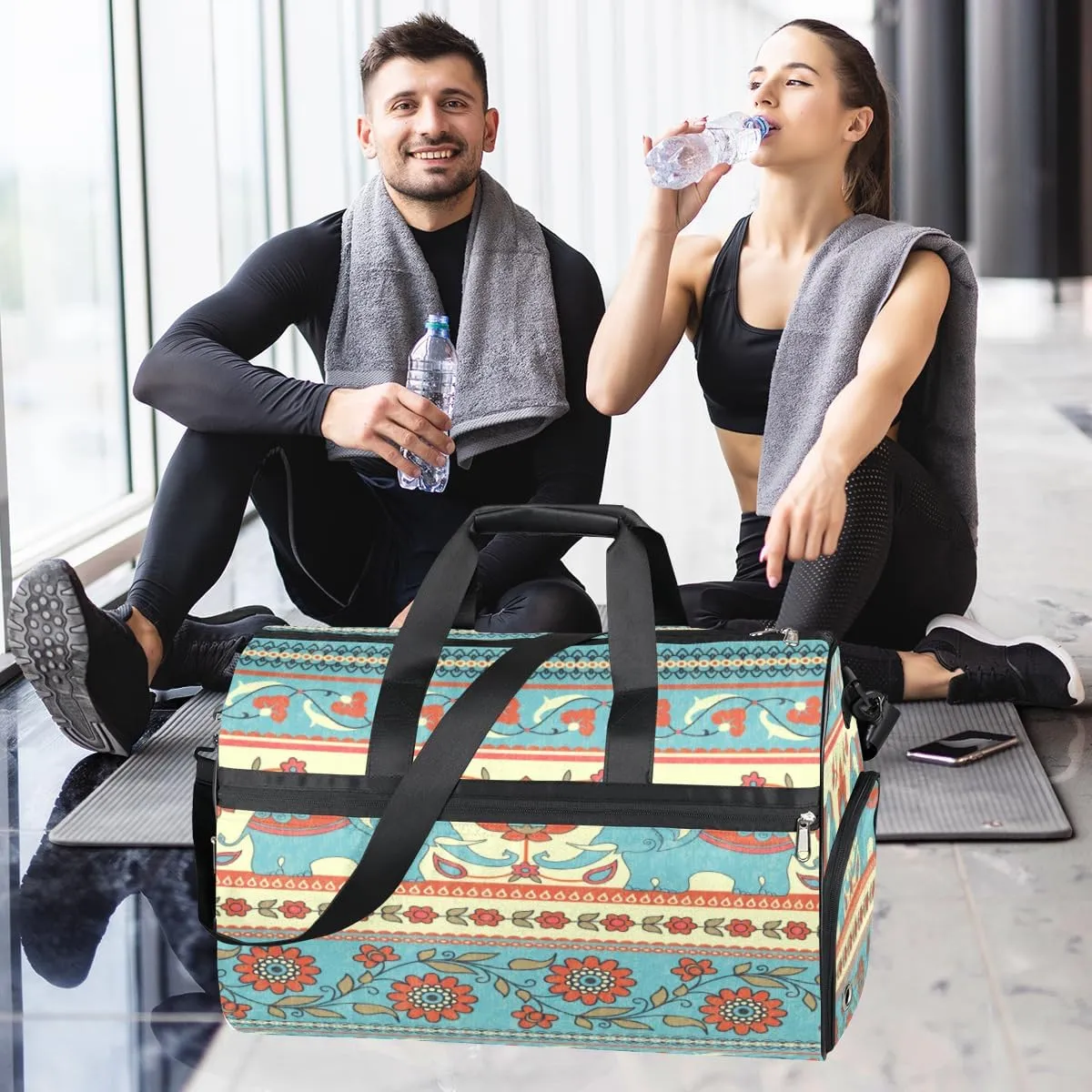 Cute Elephants Sports Gym Bag for Women Men Travel Duffel Bag with Wet Pocket & Shoes Compartment Waterproof Weekender Overnight Tote Carry on Bag Lightweight
