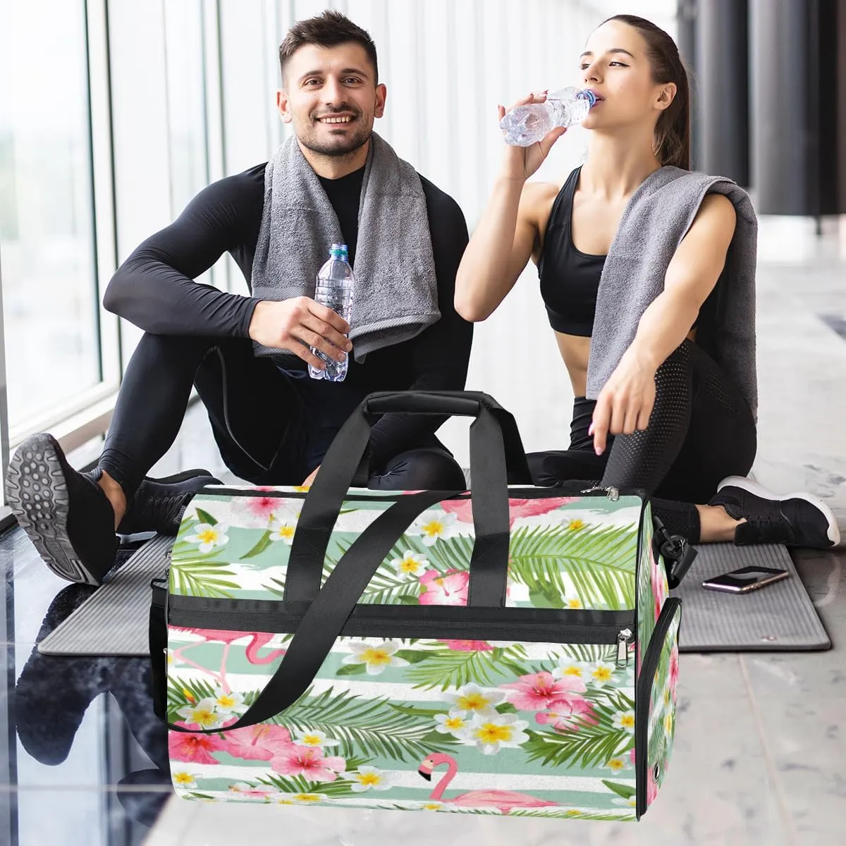 Cute Flamingos Sports Gym Bag for Women Men Travel Duffel Bag with Wet Pocket & Shoes Compartment Waterproof Weekender Overnight Tote Carry on Bag Lightweight