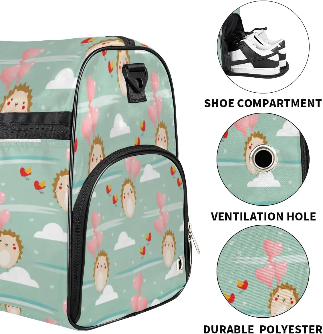 Cute Hedgehogs Sports Gym Bag for Women Men Travel Duffel Bag with Wet Pocket & Shoes Compartment Waterproof Weekender Overnight Tote Carry on Bag Lightweight