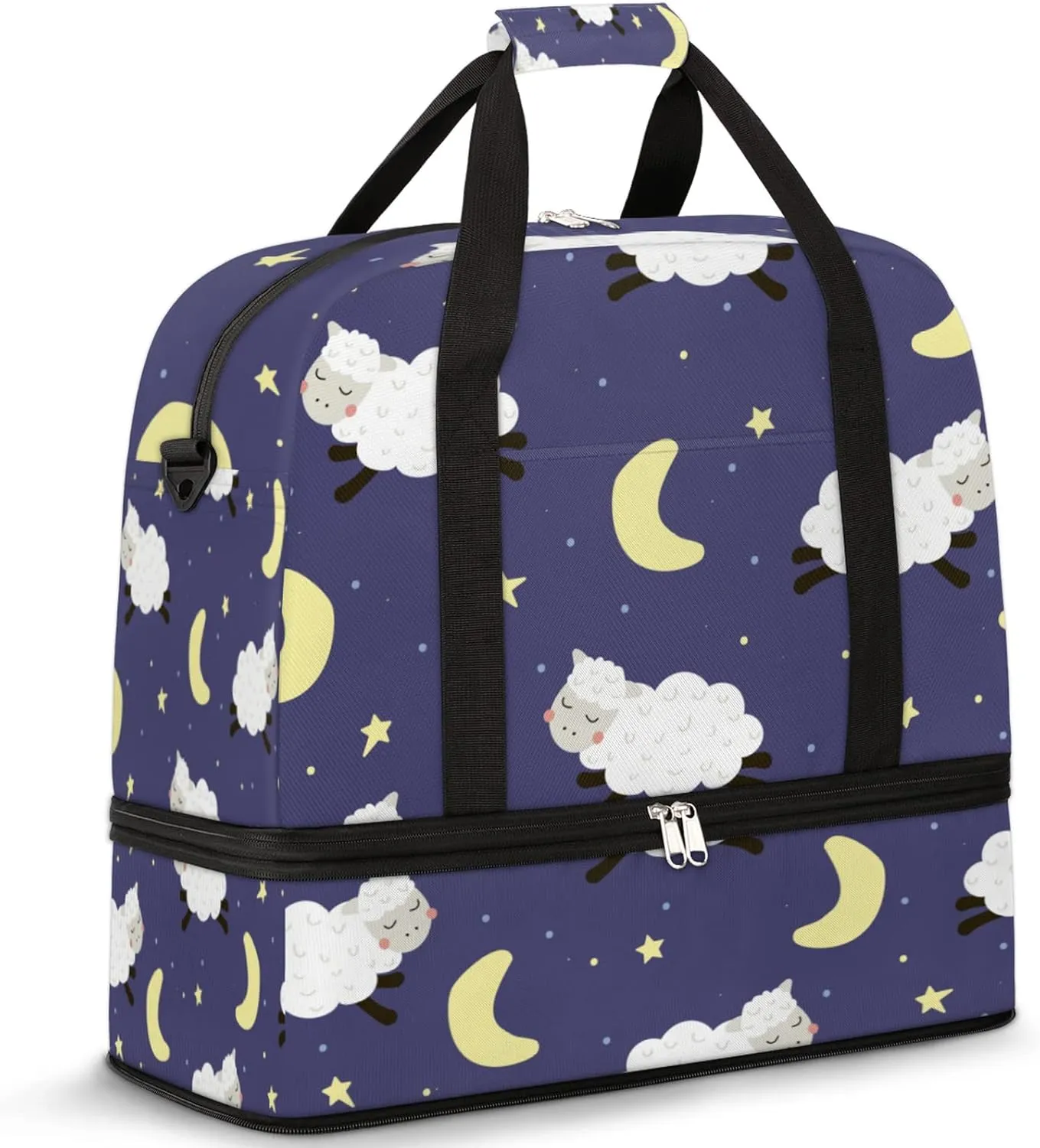 Cute Lamb Sheep Moon Star Pattern Foldable Travel Duffel Bag Tote Carry On Luggage Sport Duffle for Women Men Gym Bag Overnight Weekender Bags with Shoe Compartments & Shoulder Strap