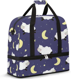 Cute Lamb Sheep Moon Star Pattern Foldable Travel Duffel Bag Tote Carry On Luggage Sport Duffle for Women Men Gym Bag Overnight Weekender Bags with Shoe Compartments & Shoulder Strap