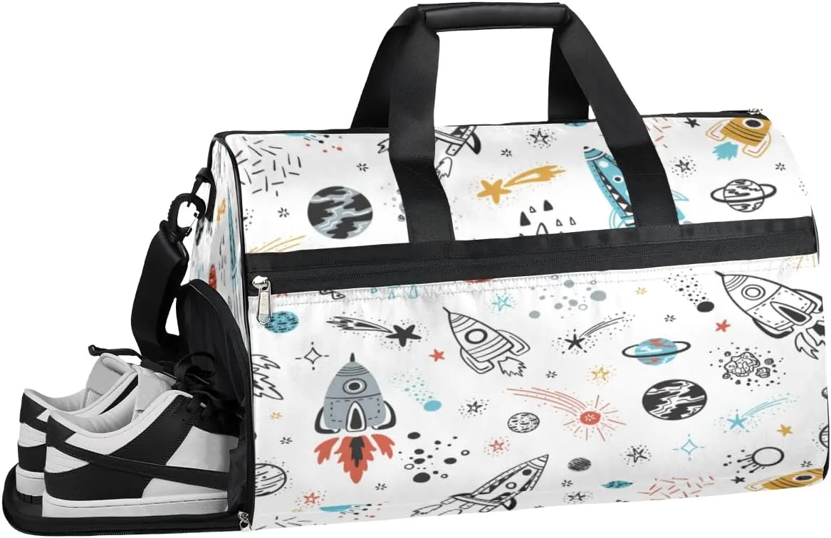 Cute Space Sports Gym Bag for Women Men Travel Duffel Bag with Wet Pocket & Shoes Compartment Waterproof Weekender Overnight Tote Carry on Bag Lightweight