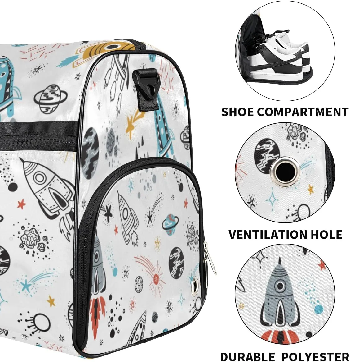 Cute Space Sports Gym Bag for Women Men Travel Duffel Bag with Wet Pocket & Shoes Compartment Waterproof Weekender Overnight Tote Carry on Bag Lightweight