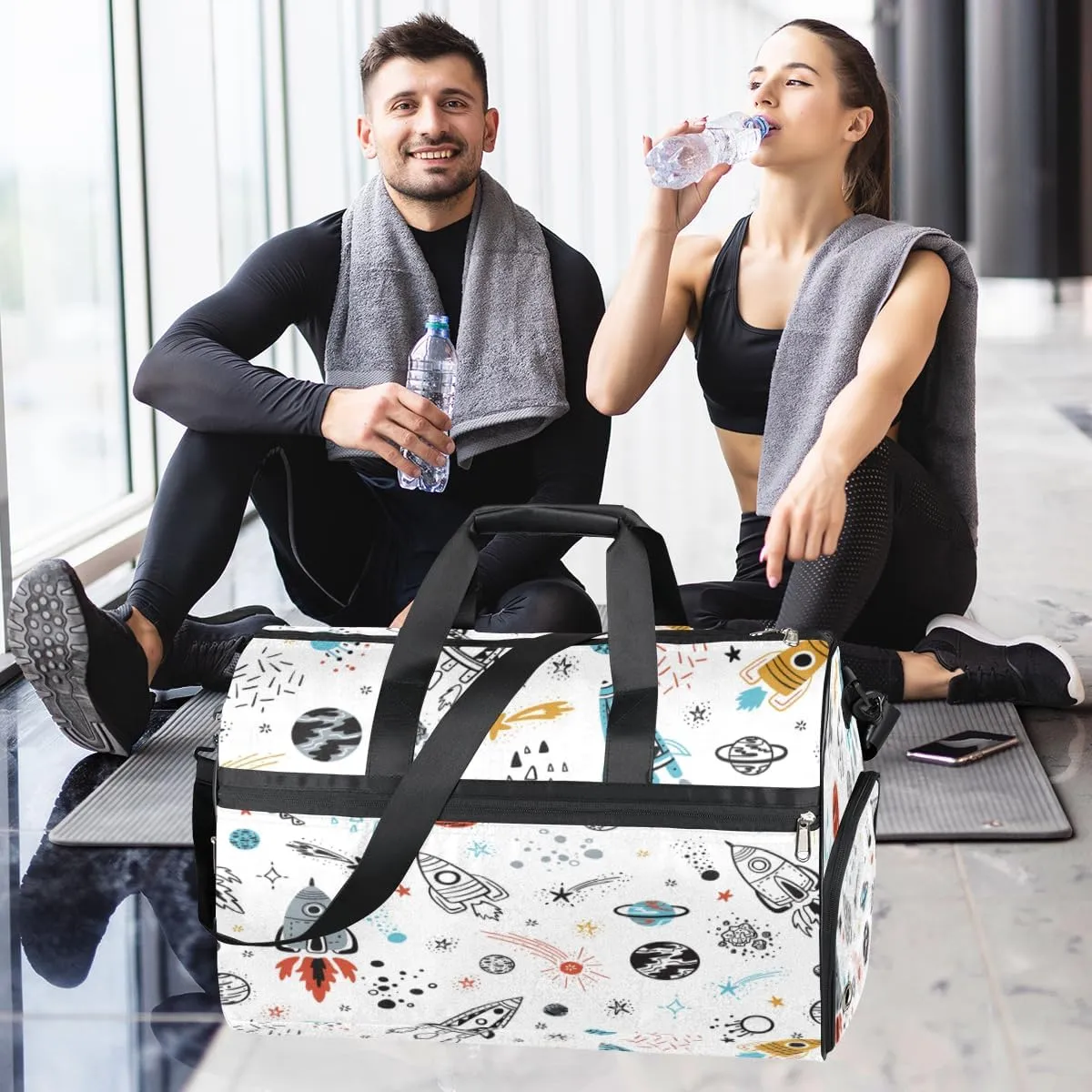 Cute Space Sports Gym Bag for Women Men Travel Duffel Bag with Wet Pocket & Shoes Compartment Waterproof Weekender Overnight Tote Carry on Bag Lightweight
