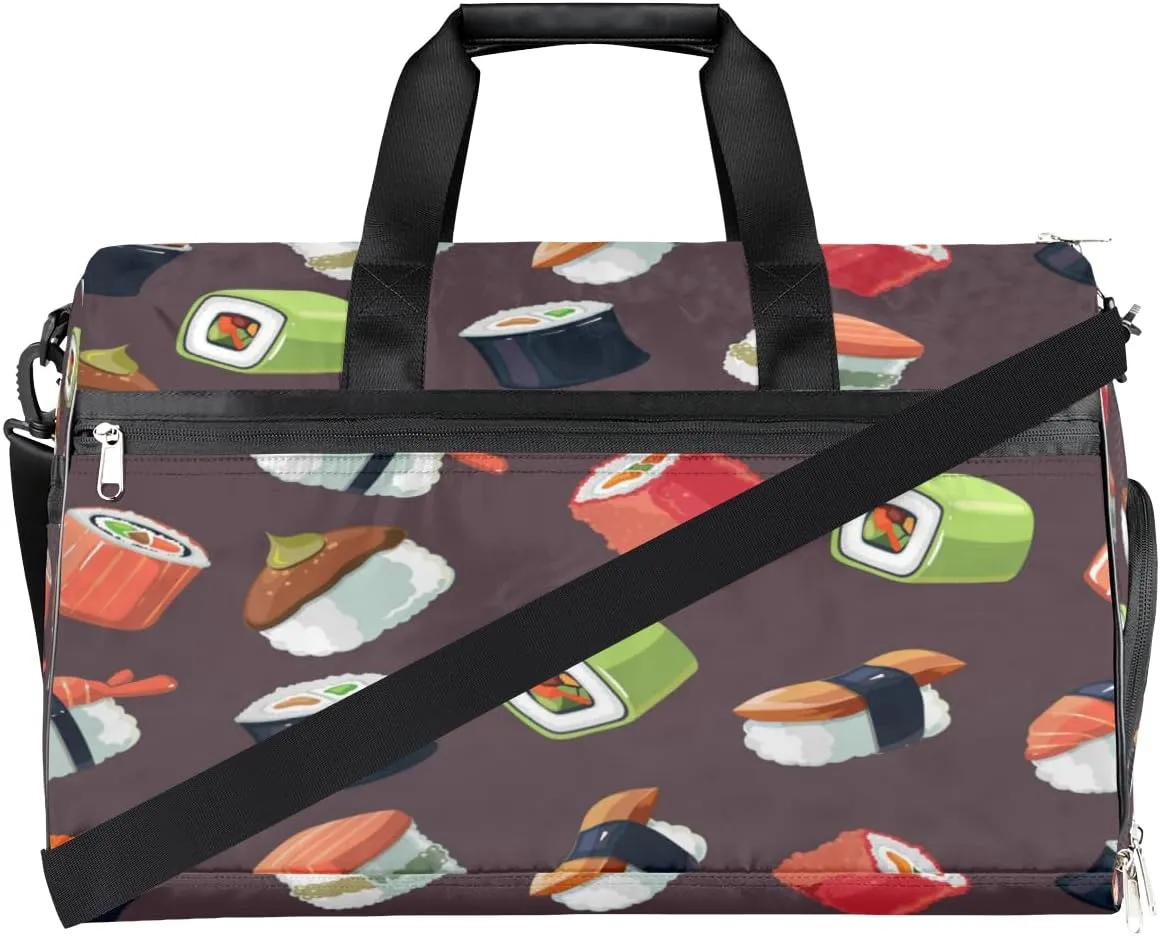 Cute Sushi Sports Gym Bag for Women Men Travel Duffel Bag with Wet Pocket & Shoes Compartment Waterproof Weekender Overnight Tote Carry on Bag Lightweight