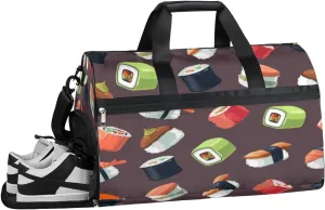 Cute Sushi Sports Gym Bag for Women Men Travel Duffel Bag with Wet Pocket & Shoes Compartment Waterproof Weekender Overnight Tote Carry on Bag Lightweight