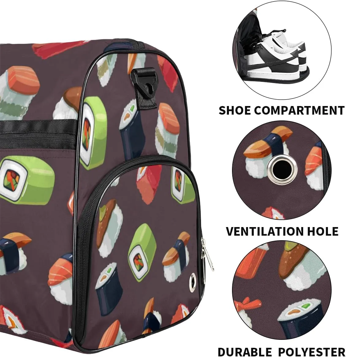 Cute Sushi Sports Gym Bag for Women Men Travel Duffel Bag with Wet Pocket & Shoes Compartment Waterproof Weekender Overnight Tote Carry on Bag Lightweight