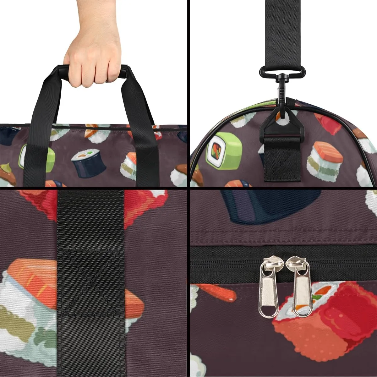Cute Sushi Sports Gym Bag for Women Men Travel Duffel Bag with Wet Pocket & Shoes Compartment Waterproof Weekender Overnight Tote Carry on Bag Lightweight