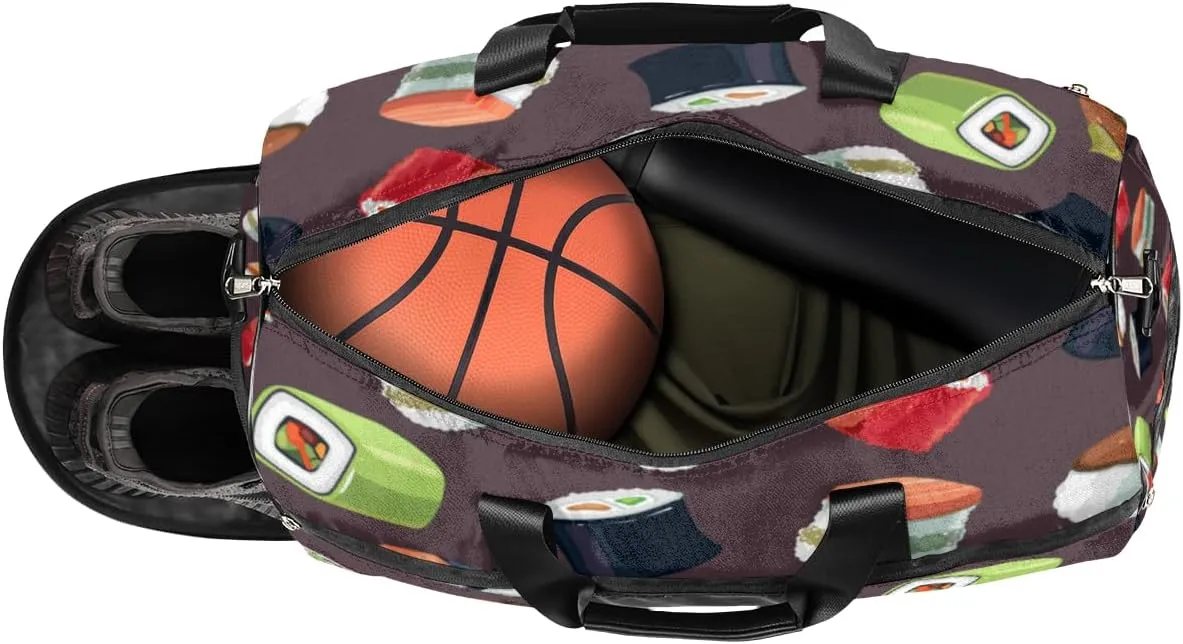 Cute Sushi Sports Gym Bag for Women Men Travel Duffel Bag with Wet Pocket & Shoes Compartment Waterproof Weekender Overnight Tote Carry on Bag Lightweight