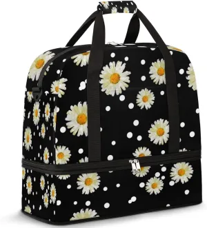 Daisy Floral Flower Black Foldable Travel Duffel Bag Tote Carry on Luggage Sport Duffle for Women Men Gym Bag Overnight Weekender Bags with Shoe Compartments and Shoulder Strap