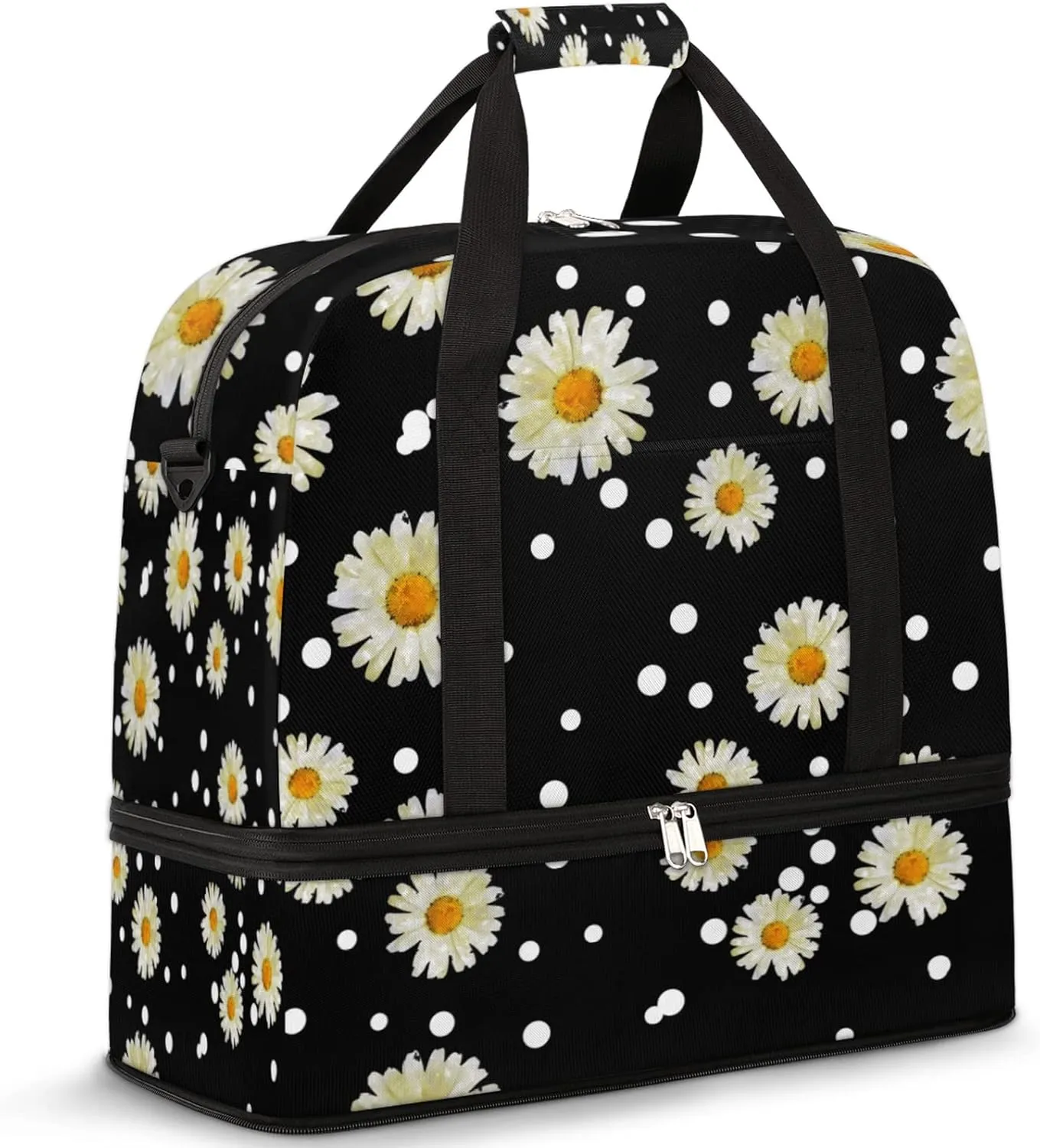 Daisy Floral Flower Black Foldable Travel Duffel Bag Tote Carry on Luggage Sport Duffle for Women Men Gym Bag Overnight Weekender Bags with Shoe Compartments and Shoulder Strap