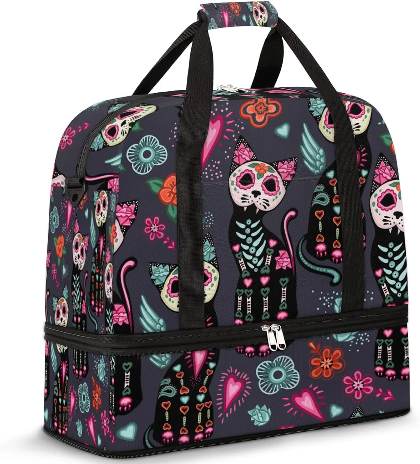 Day Of The Dead Cats Halloween Flowers Foldable Travel Duffel Bag Tote Carry On Luggage Sport Duffle for Women Men Gym Bag Overnight Weekender Bags with Shoe Compartments & Shoulder Strap