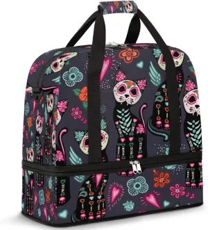 Day Of The Dead Cats Halloween Flowers Foldable Travel Duffel Bag Tote Carry On Luggage Sport Duffle for Women Men Gym Bag Overnight Weekender Bags with Shoe Compartments & Shoulder Strap