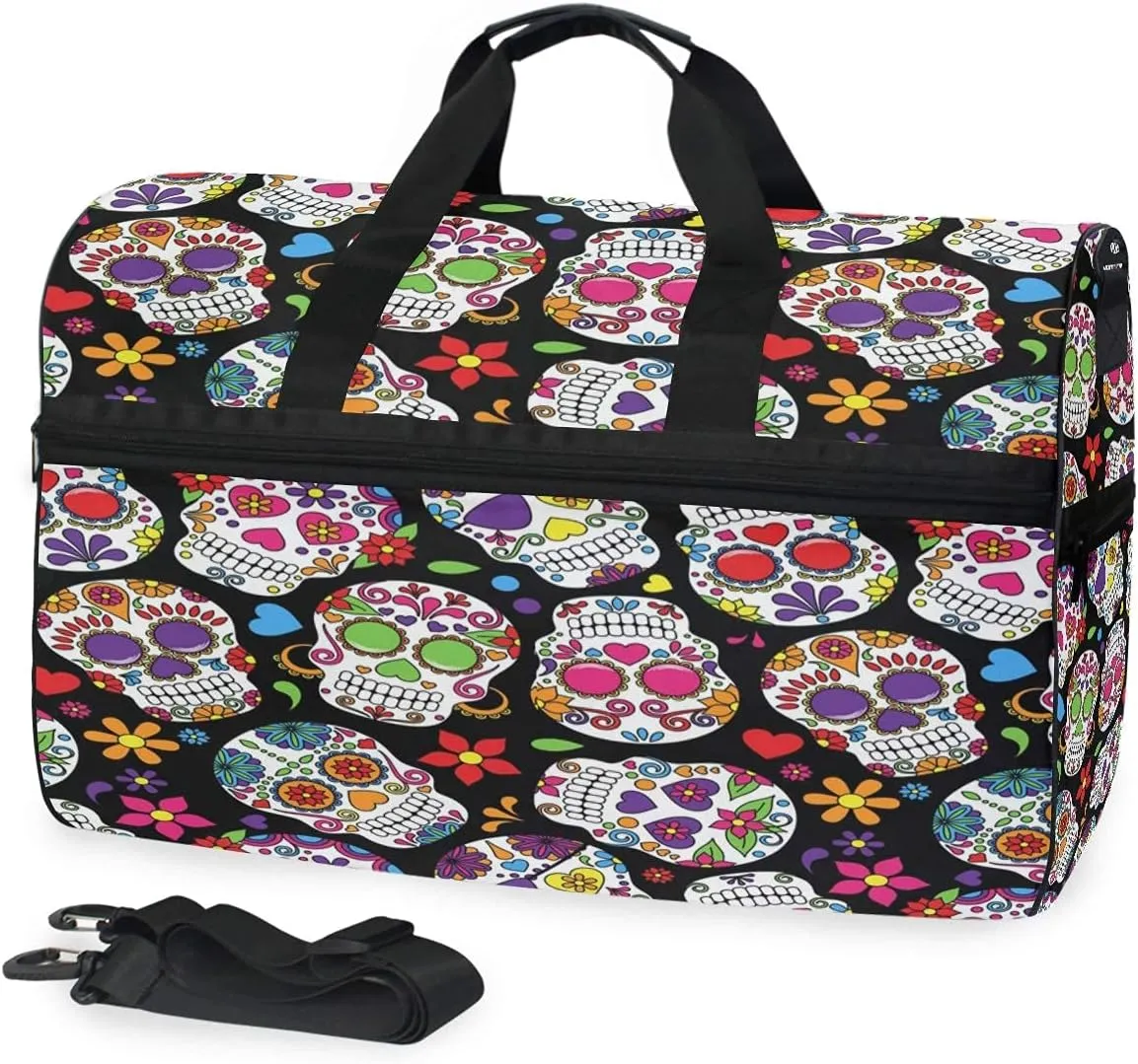 Day Of The Dead Sugar Skull Travel Duffel Bag Luggage Sports Gym Bag With Shoes Compartment Large Capacity Lightweight Duffle Bag For Men Women