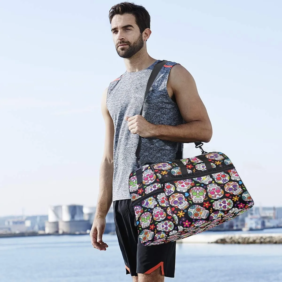 Day Of The Dead Sugar Skull Travel Duffel Bag Luggage Sports Gym Bag With Shoes Compartment Large Capacity Lightweight Duffle Bag For Men Women