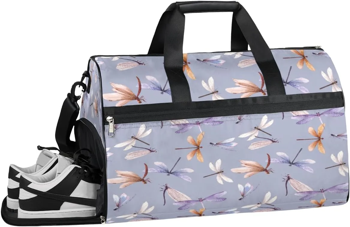 Dragonfly Watercolor Pattern Resistant Sports Gym Bag for Women Men Travel Duffel bag with Wet Pocket & Shoes Compartment Waterproof Weekender Bag 19.7"x9.9"x13"