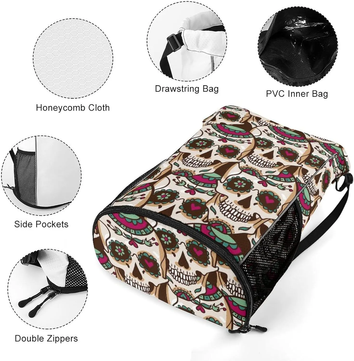 Drawstring Backpack Compatible with Human Skulls Drawn String Bag Sports Sackpack Outdoor Fitness Gym Sack with Zipper Pocket and Shoes Compartment for Men Women