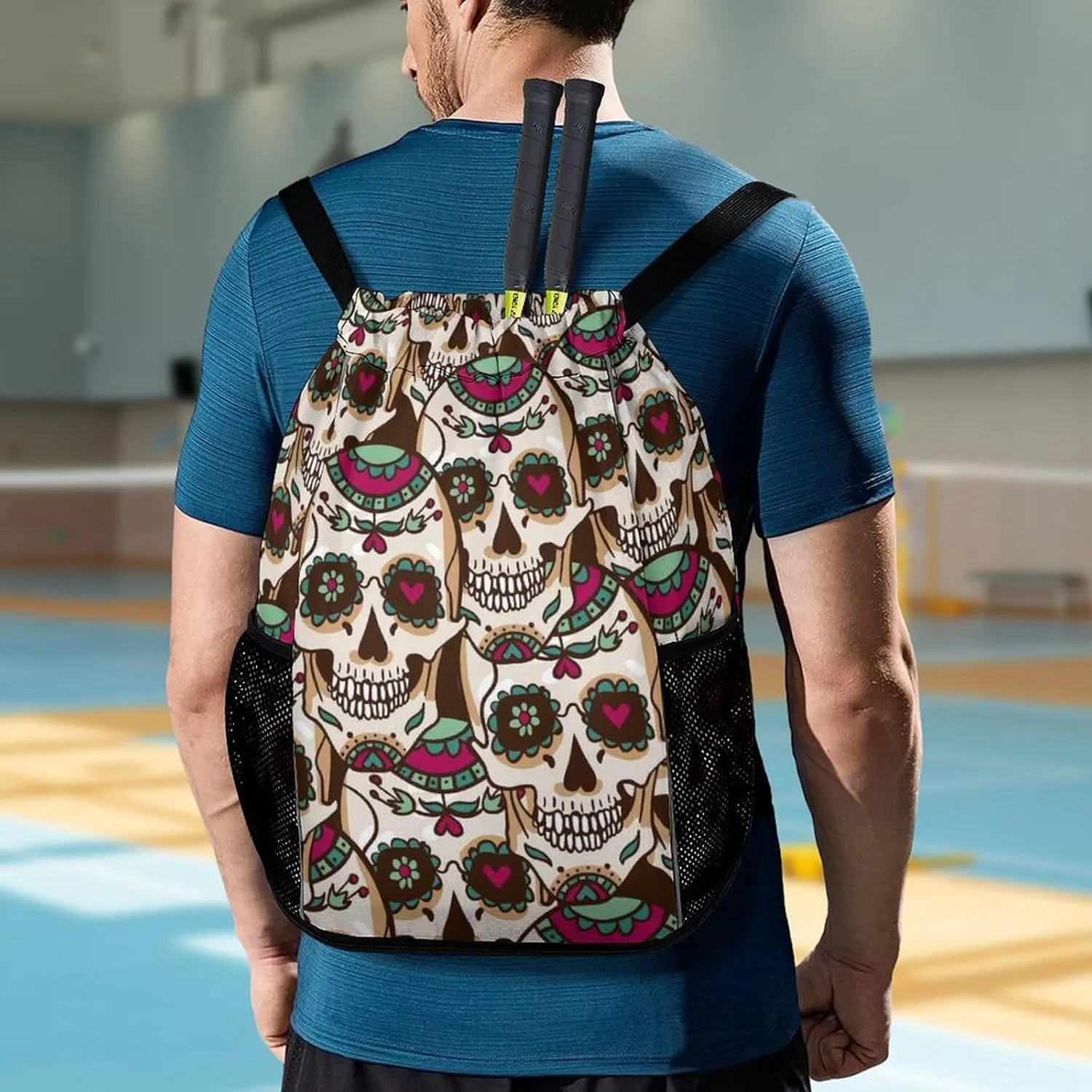 Drawstring Backpack Compatible with Human Skulls Drawn String Bag Sports Sackpack Outdoor Fitness Gym Sack with Zipper Pocket and Shoes Compartment for Men Women