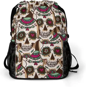Drawstring Backpack Compatible with Human Skulls Drawn String Bag Sports Sackpack Outdoor Fitness Gym Sack with Zipper Pocket and Shoes Compartment for Men Women