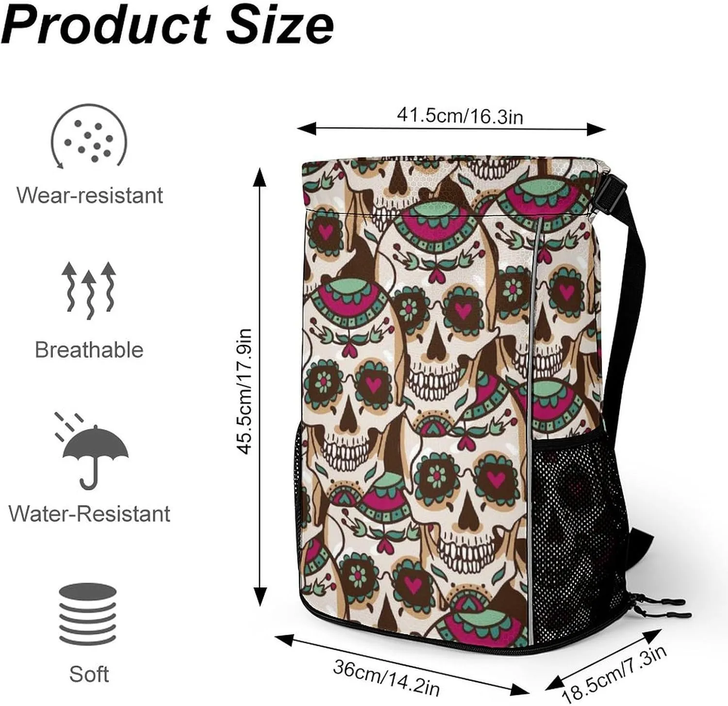 Drawstring Backpack Compatible with Human Skulls Drawn String Bag Sports Sackpack Outdoor Fitness Gym Sack with Zipper Pocket and Shoes Compartment for Men Women