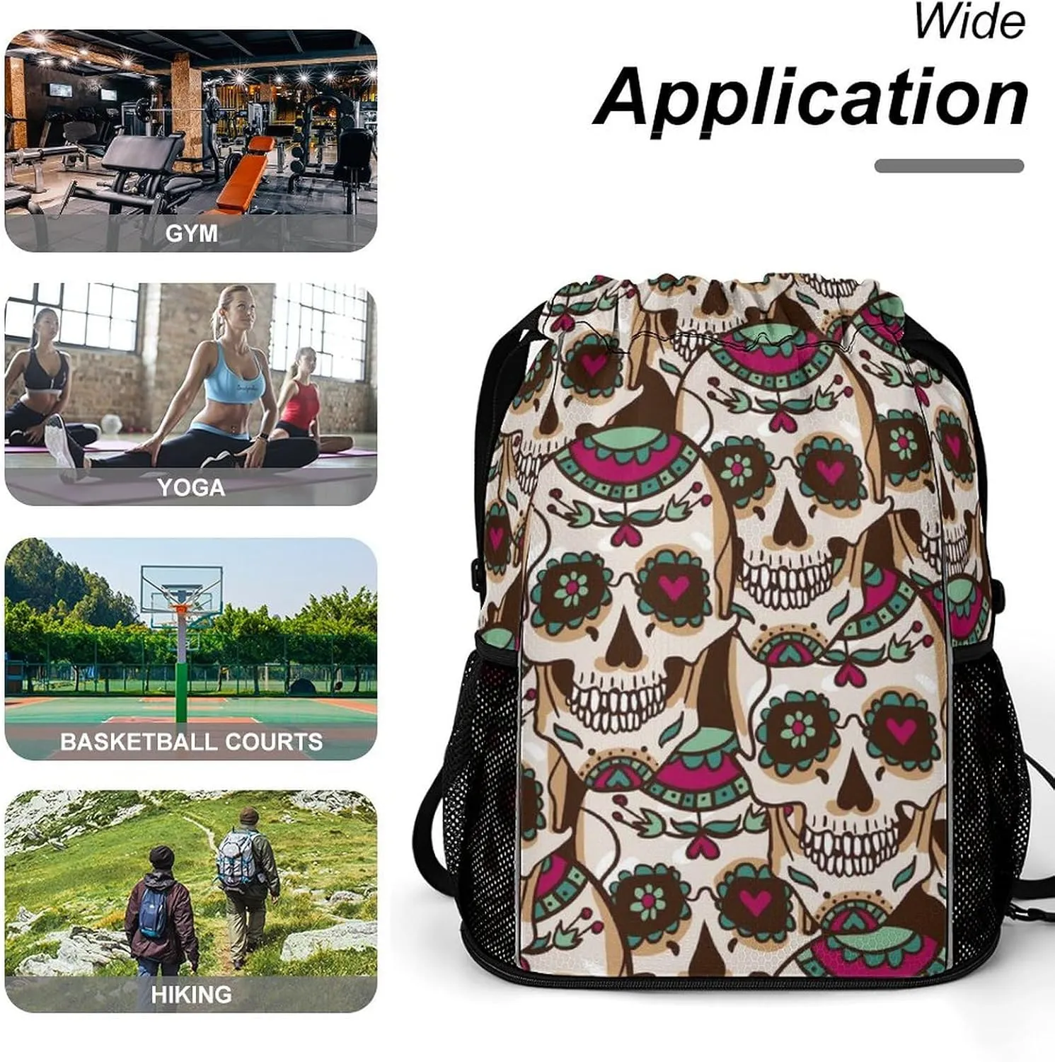 Drawstring Backpack Compatible with Human Skulls Drawn String Bag Sports Sackpack Outdoor Fitness Gym Sack with Zipper Pocket and Shoes Compartment for Men Women