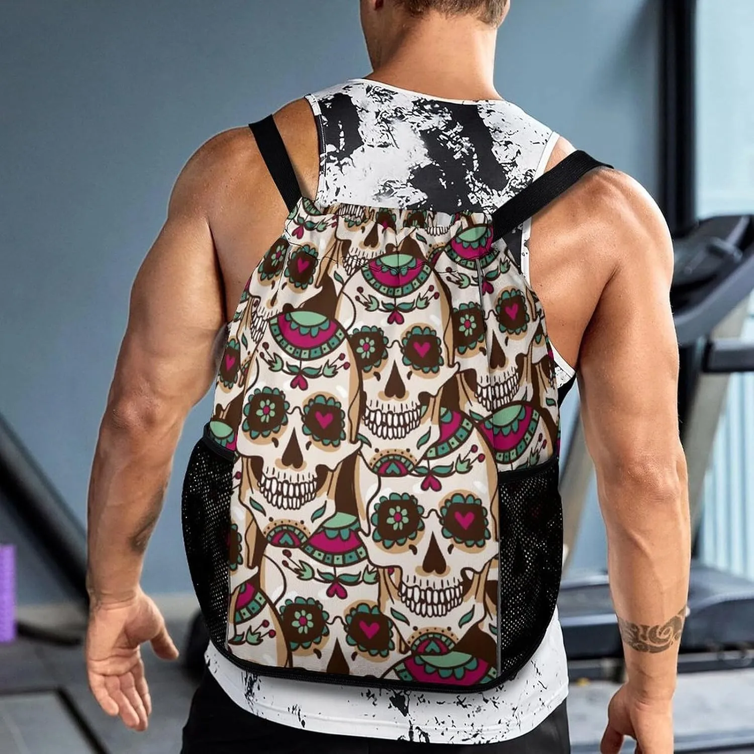 Drawstring Backpack Compatible with Human Skulls Drawn String Bag Sports Sackpack Outdoor Fitness Gym Sack with Zipper Pocket and Shoes Compartment for Men Women