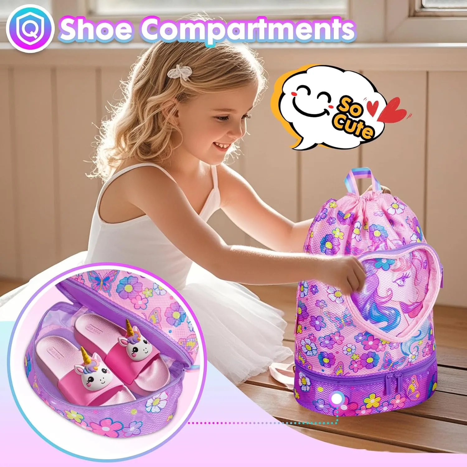 Drawstring Backpack for Kids Girls, Cute Cartoon Unicorn Waterproof Drawstring Bag String Swim Gym Sports Beach Bag with Shoes Compartment and Wet Proof Pocket