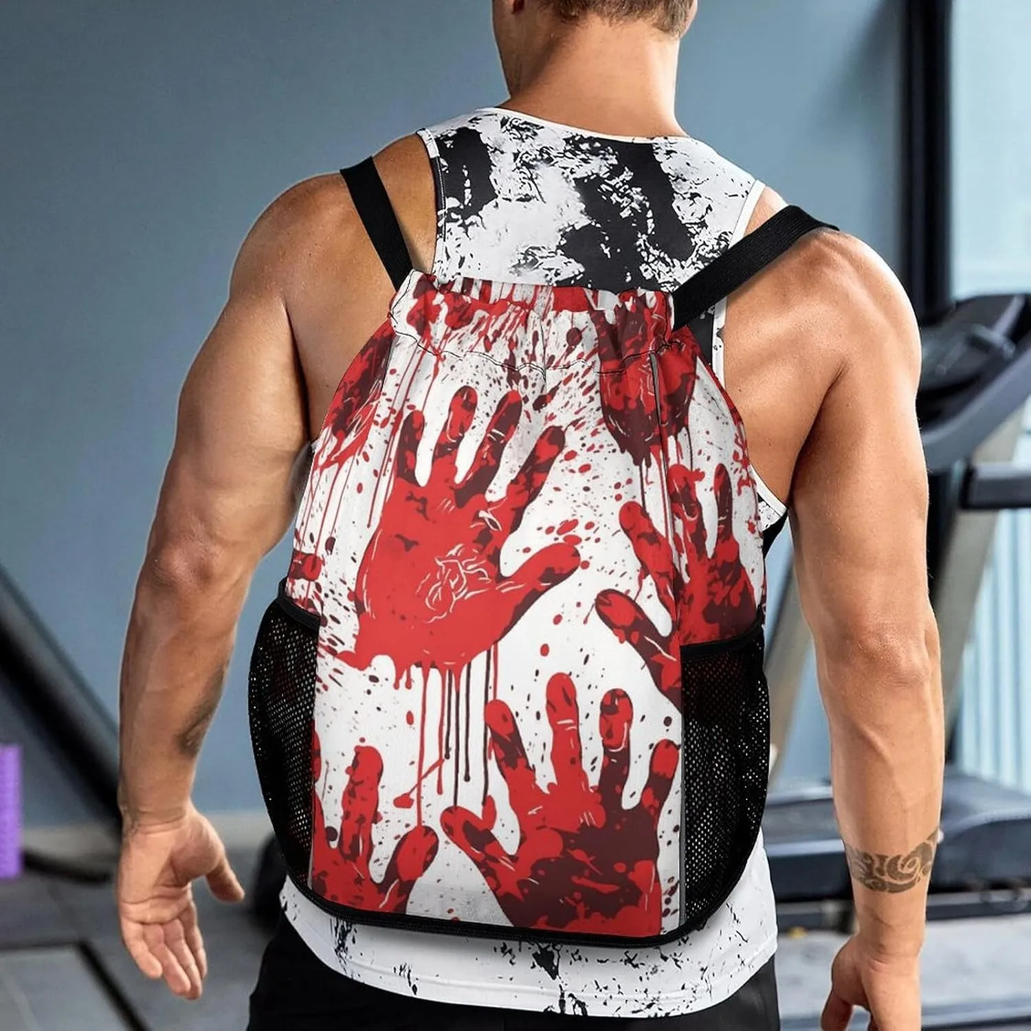 Drawstring Backpack,Bloody Handprints Printed Drawstring Bags,String Backpack with Shoes Compartment And Wet Proof Pocket,Small Sports Gym Cinch Bags for Women & Men
