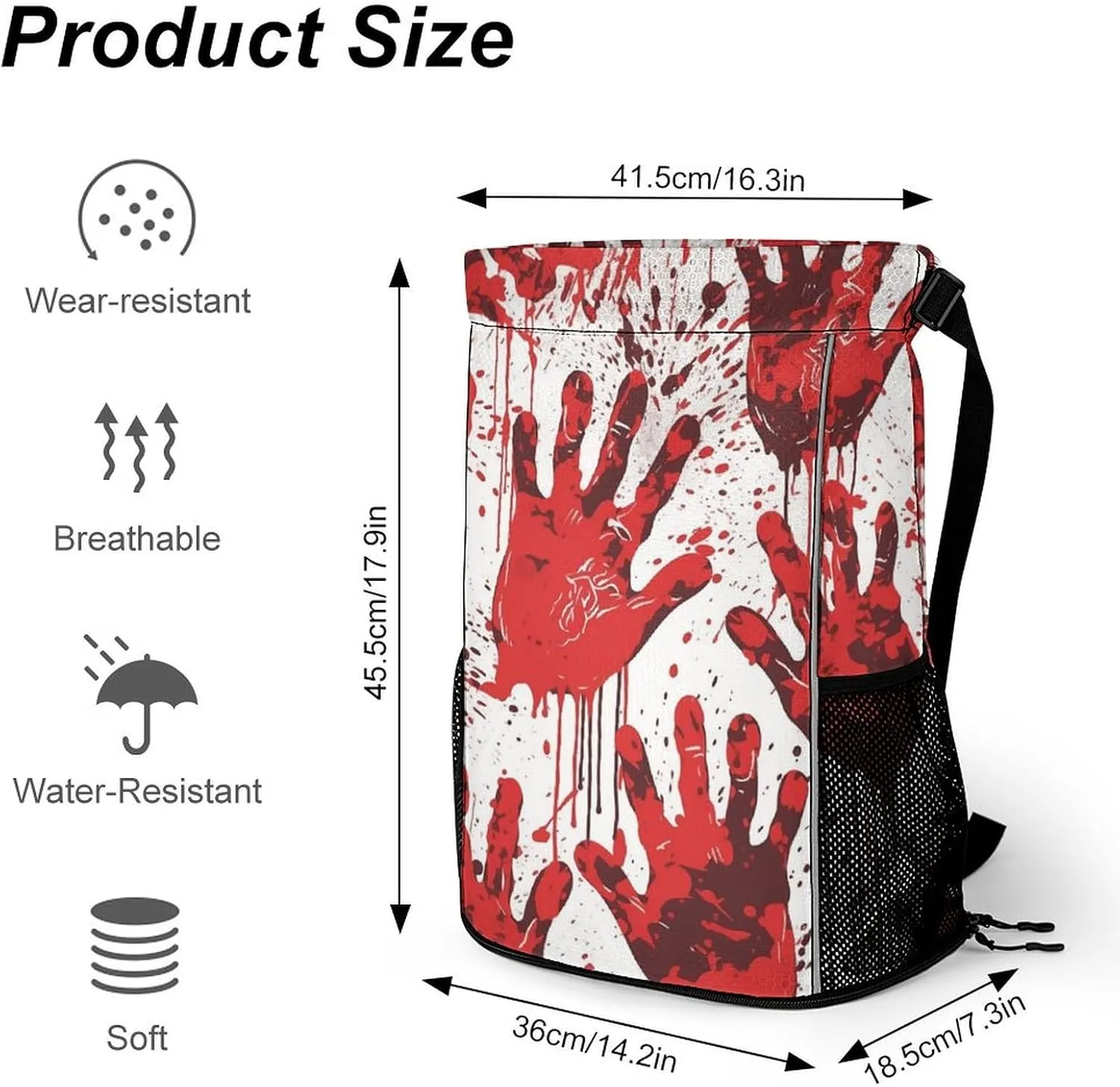 Drawstring Backpack,Bloody Handprints Printed Drawstring Bags,String Backpack with Shoes Compartment And Wet Proof Pocket,Small Sports Gym Cinch Bags for Women & Men